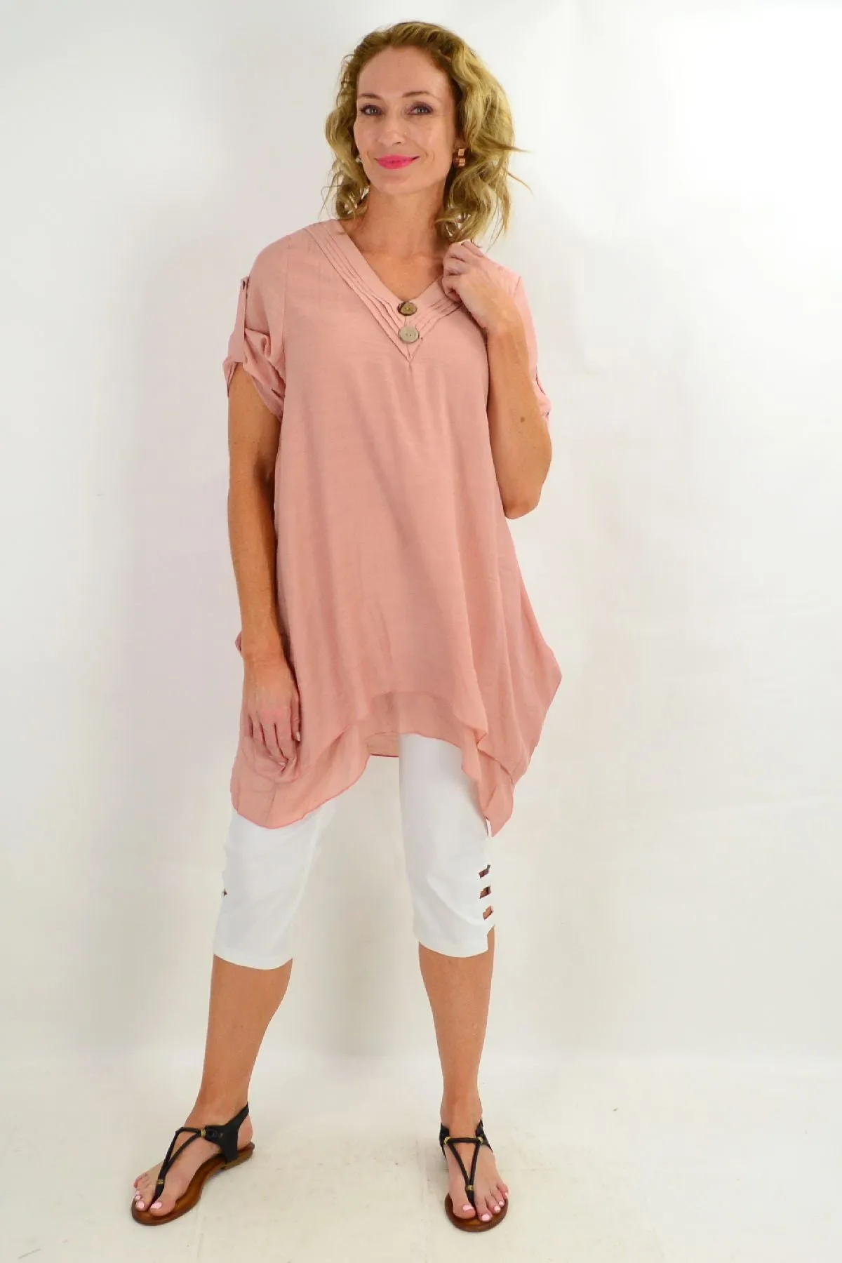 Blush Coconut Button Short Sleeve Tunic Top