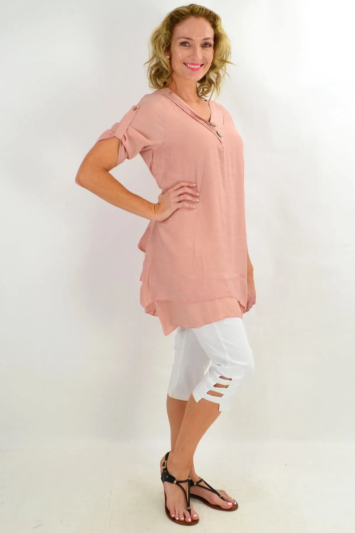 Blush Coconut Button Short Sleeve Tunic Top