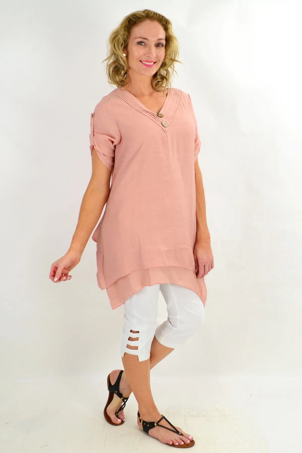 Blush Coconut Button Short Sleeve Tunic Top