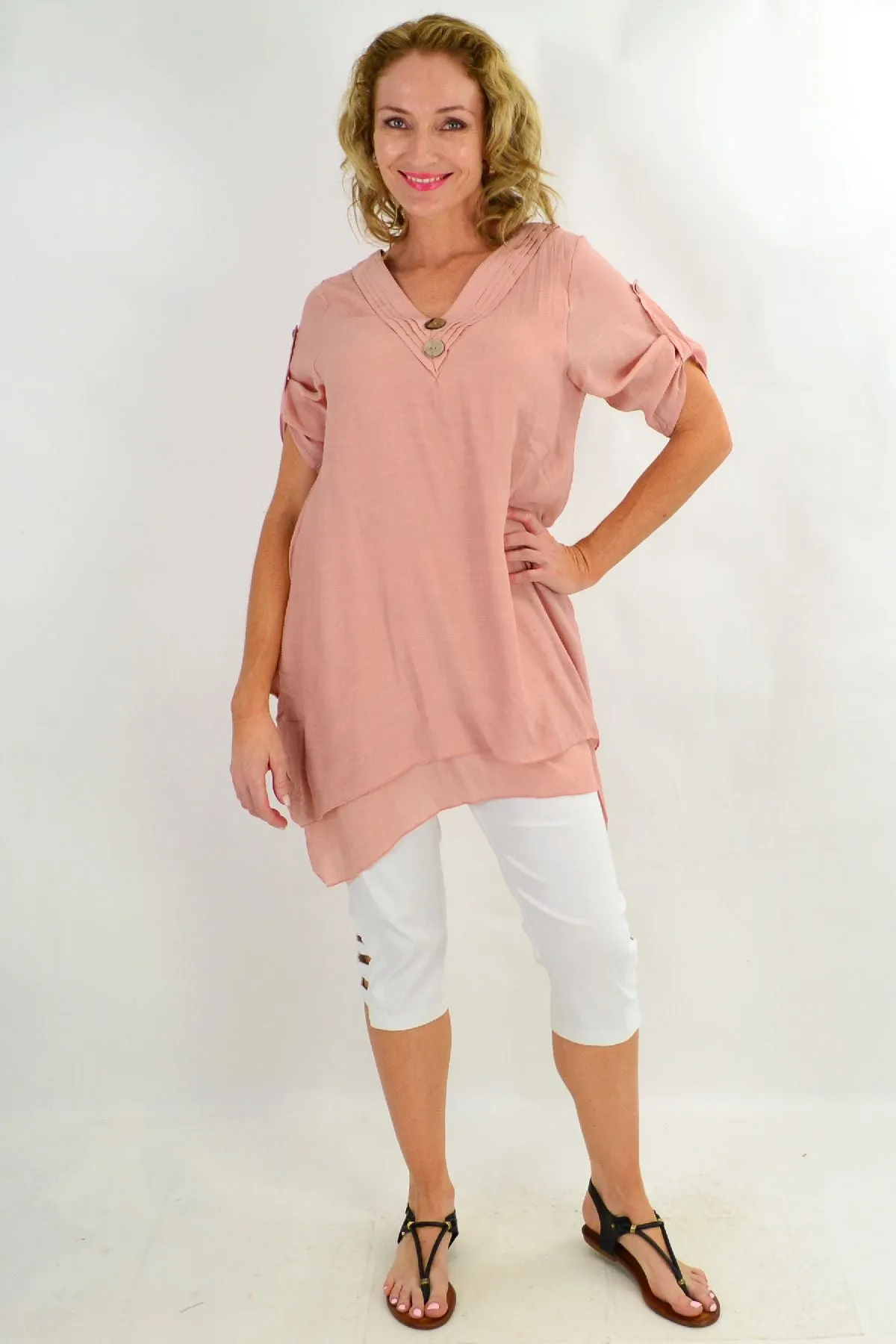 Blush Coconut Button Short Sleeve Tunic Top