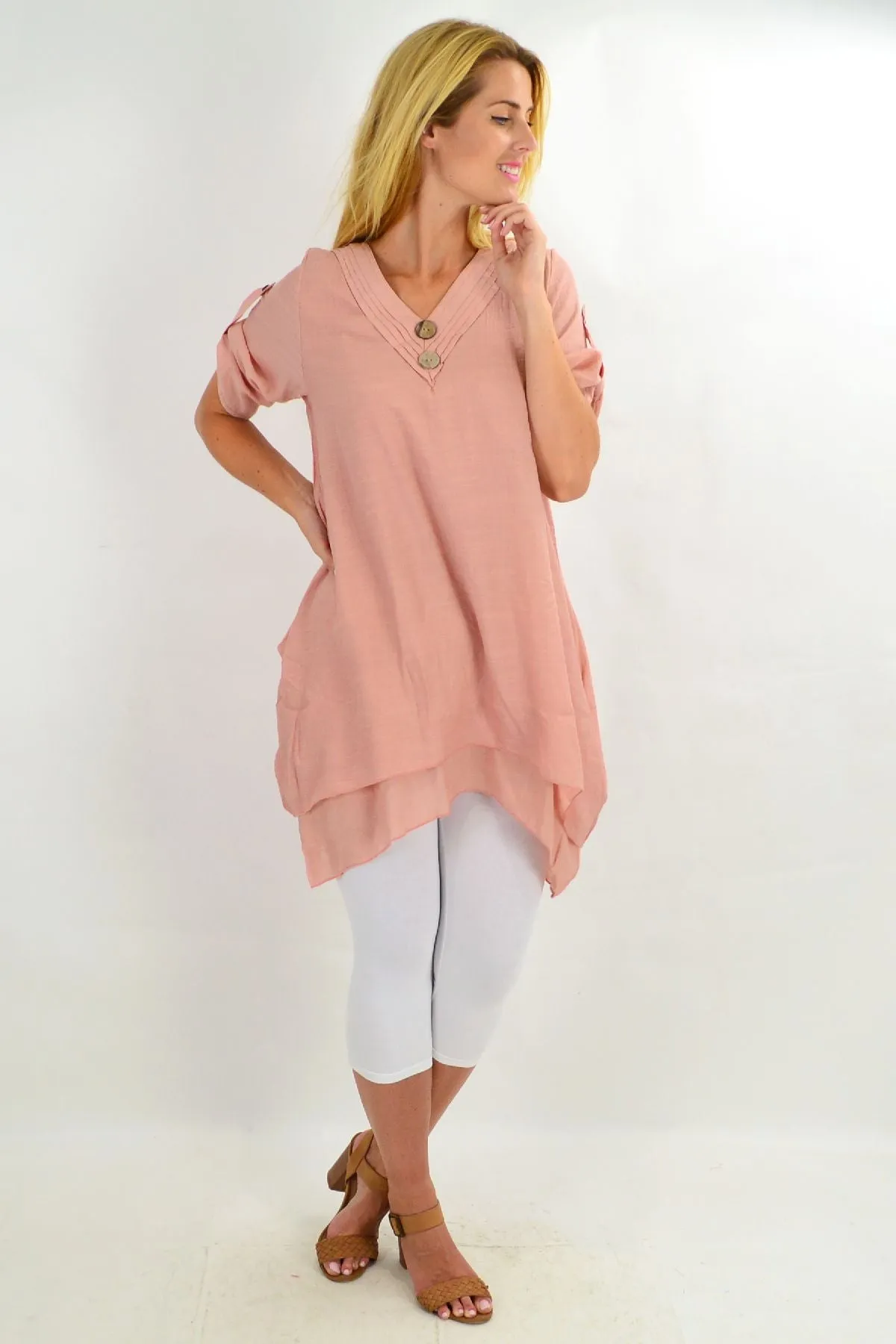 Blush Coconut Button Short Sleeve Tunic Top