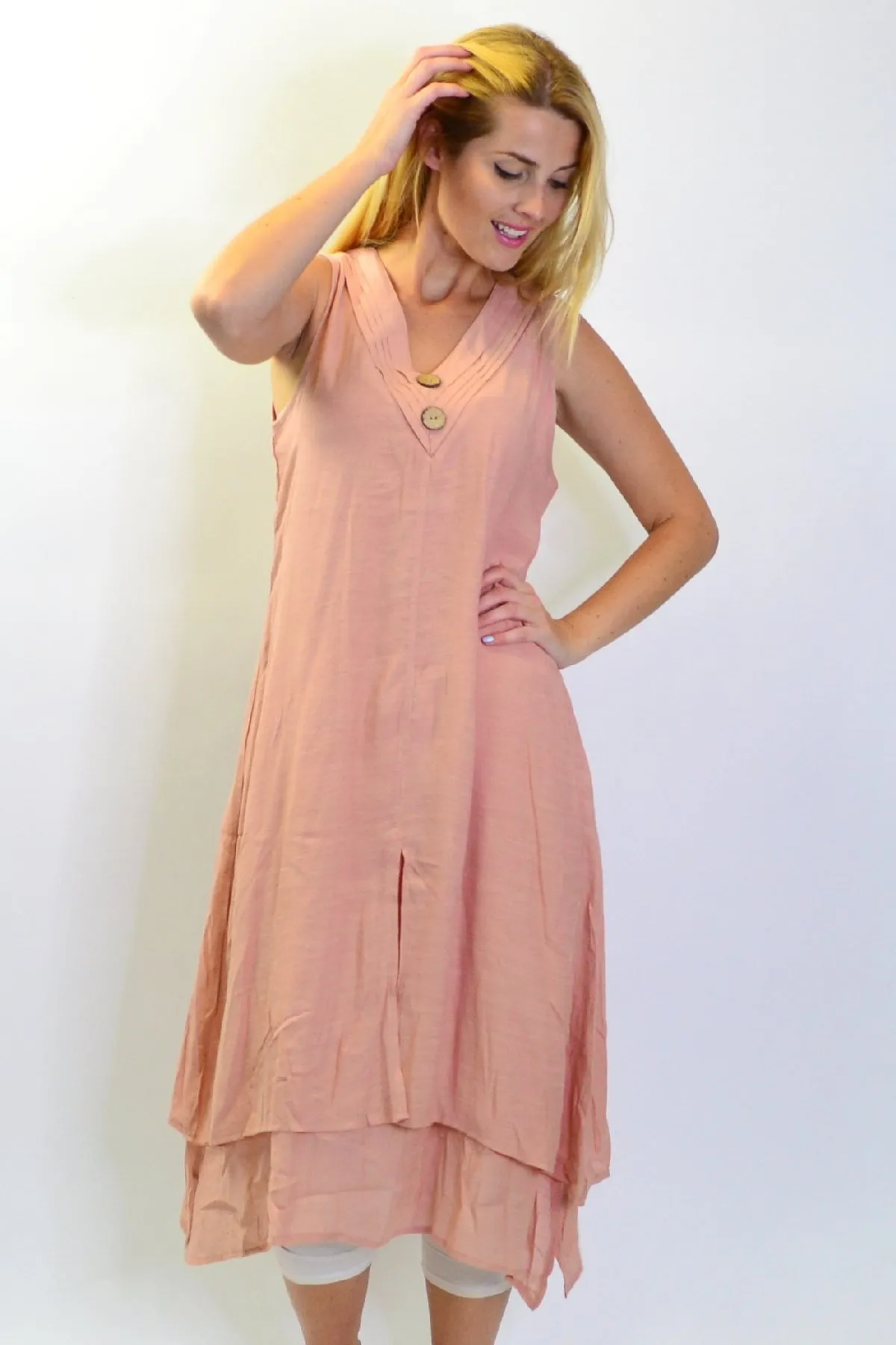 Blush Pink Sleeveless Coconut Button Tunic Dress