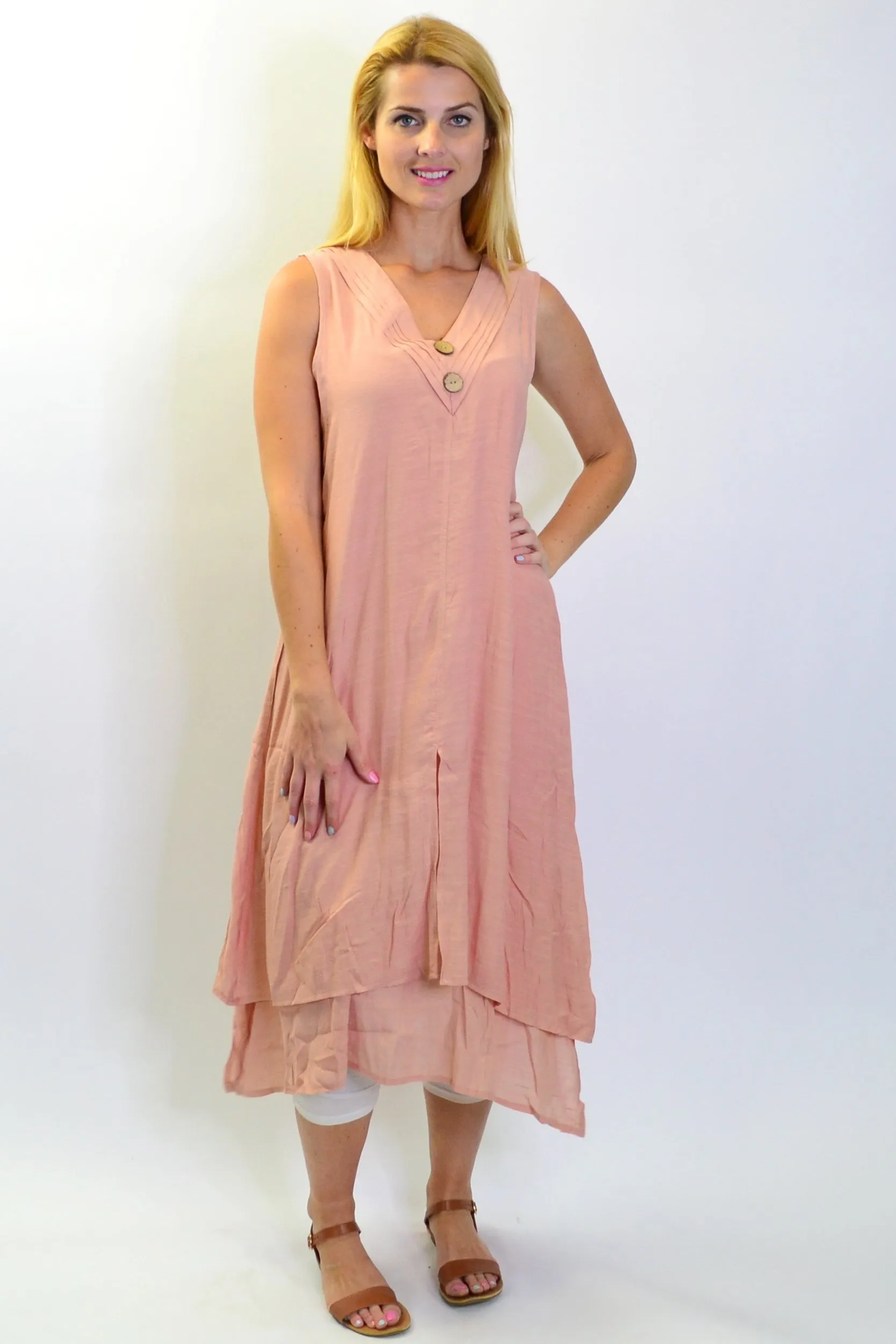 Blush Pink Sleeveless Coconut Button Tunic Dress