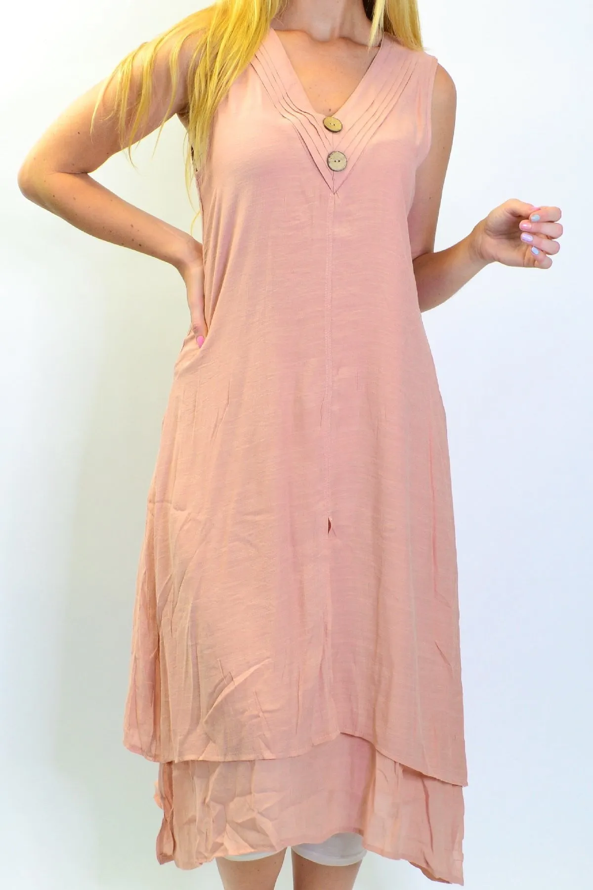 Blush Pink Sleeveless Coconut Button Tunic Dress