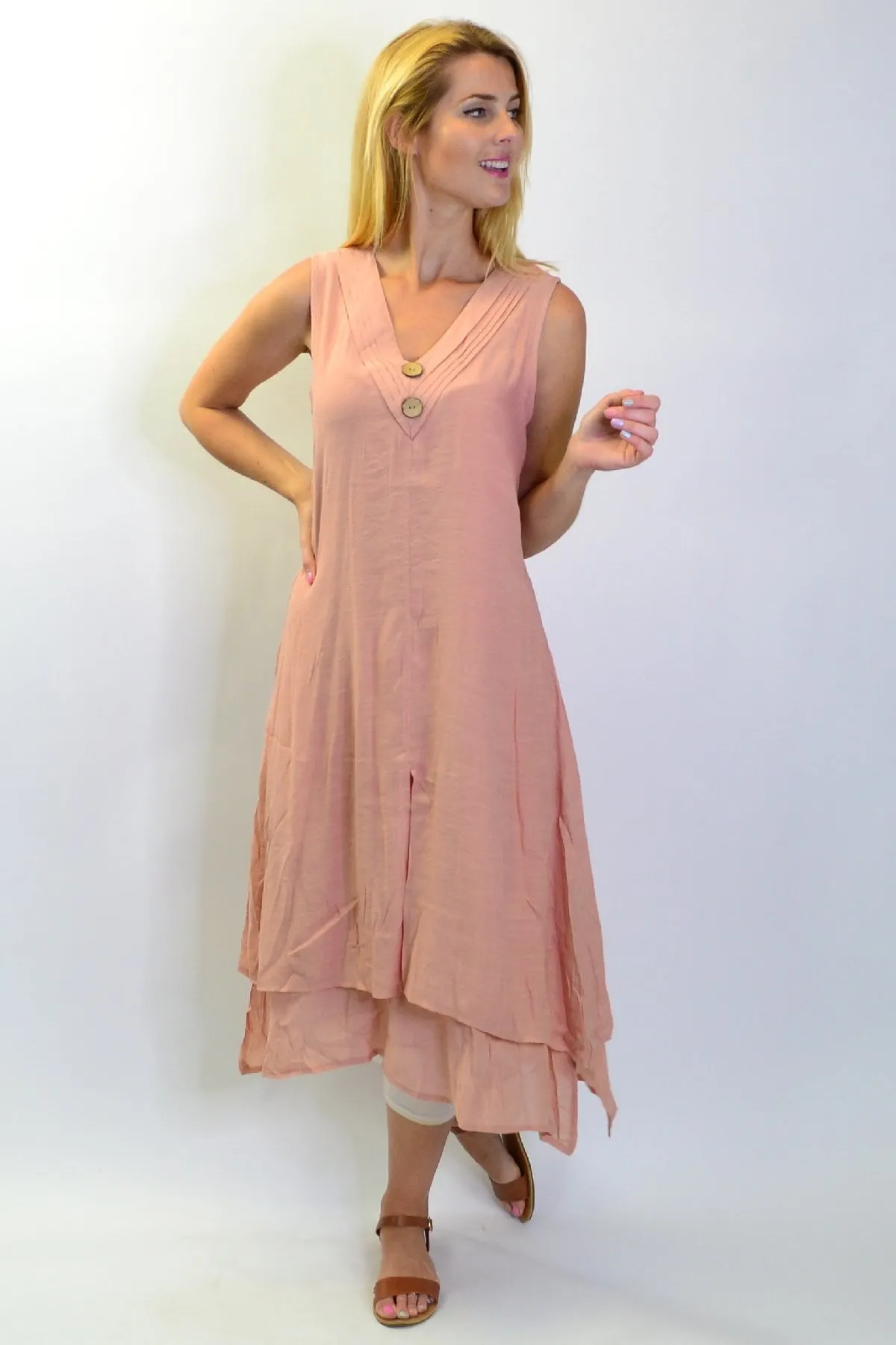 Blush Pink Sleeveless Coconut Button Tunic Dress