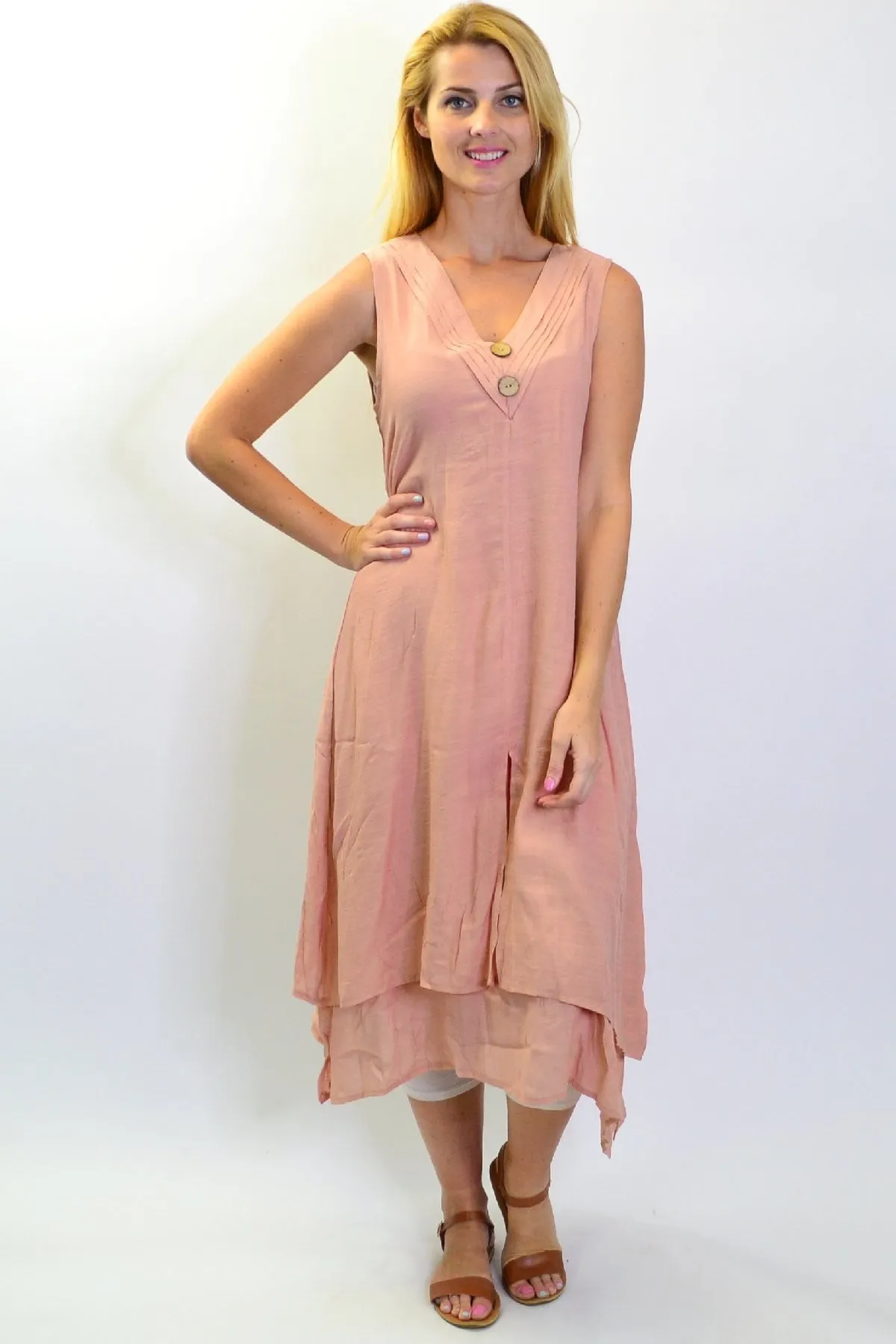 Blush Pink Sleeveless Coconut Button Tunic Dress