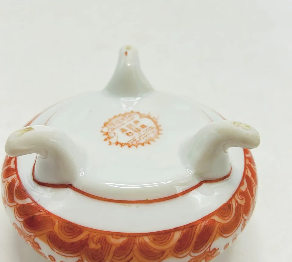 Classic orange & white hand painted porcelain decorative round footed box