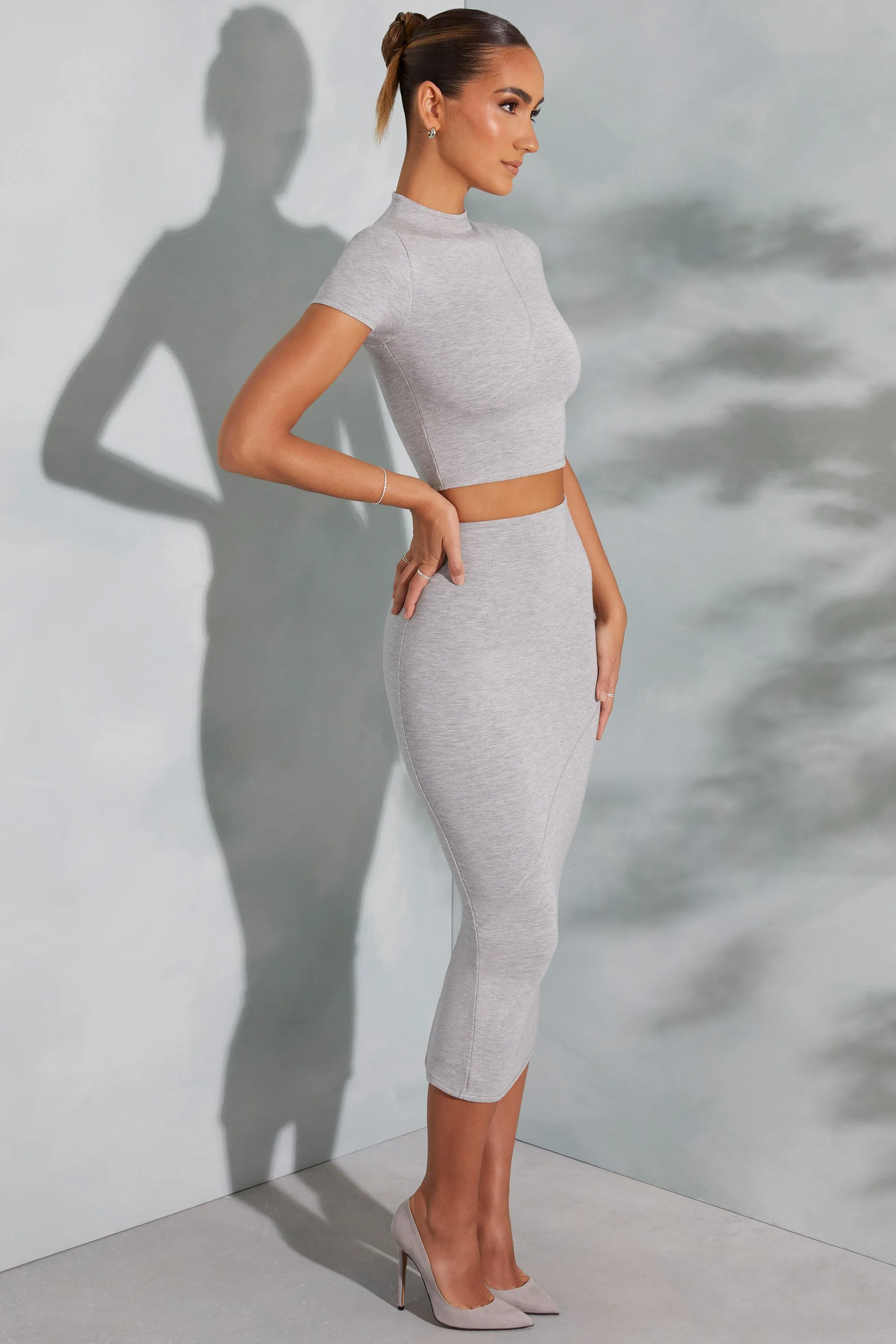 Contrast Stitch Turtleneck Crop Top in Marled Grey