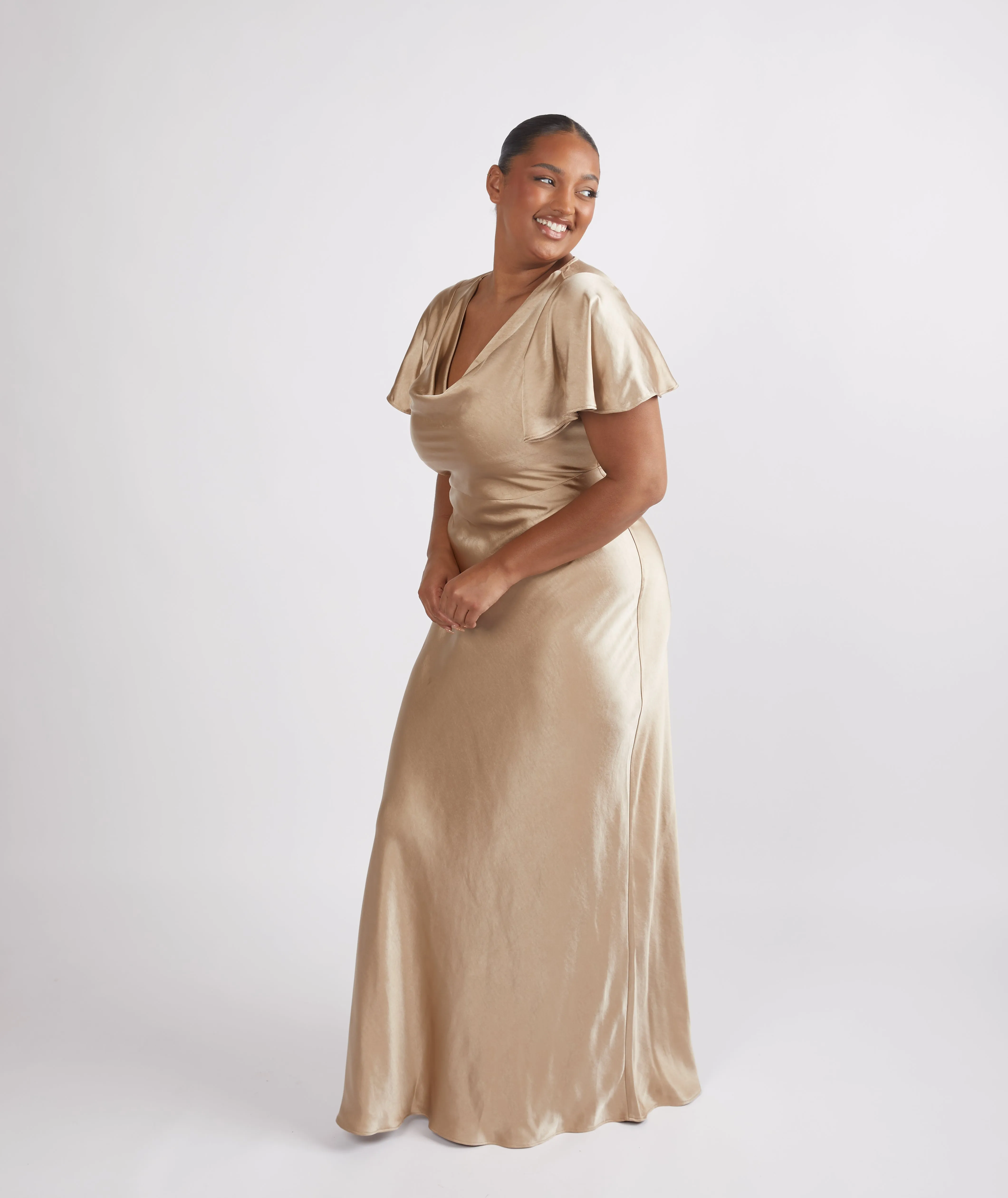 Cowl Front Satin Short Sleeve Bridesmaid Dress - Champagne