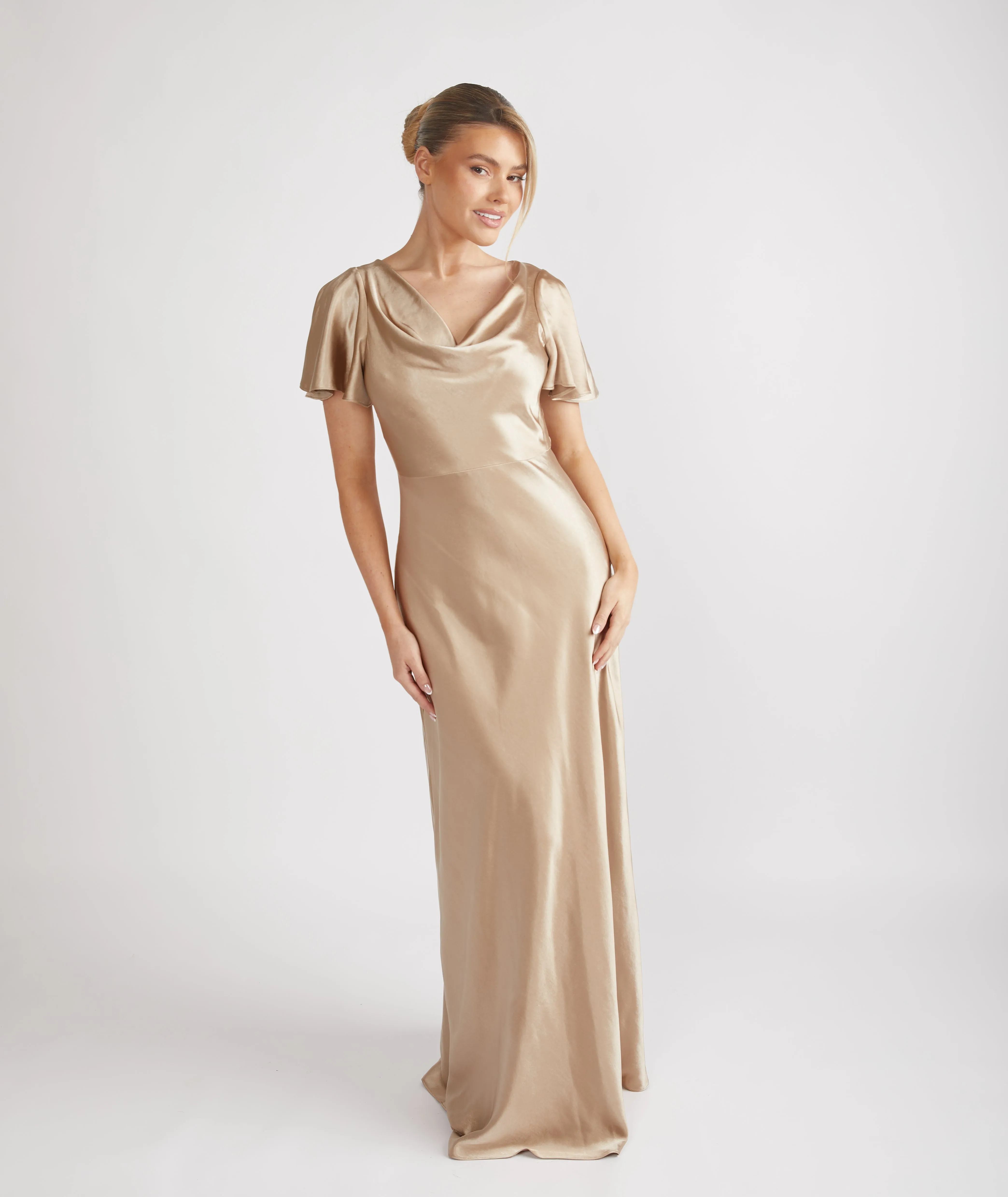 Cowl Front Satin Short Sleeve Bridesmaid Dress - Champagne