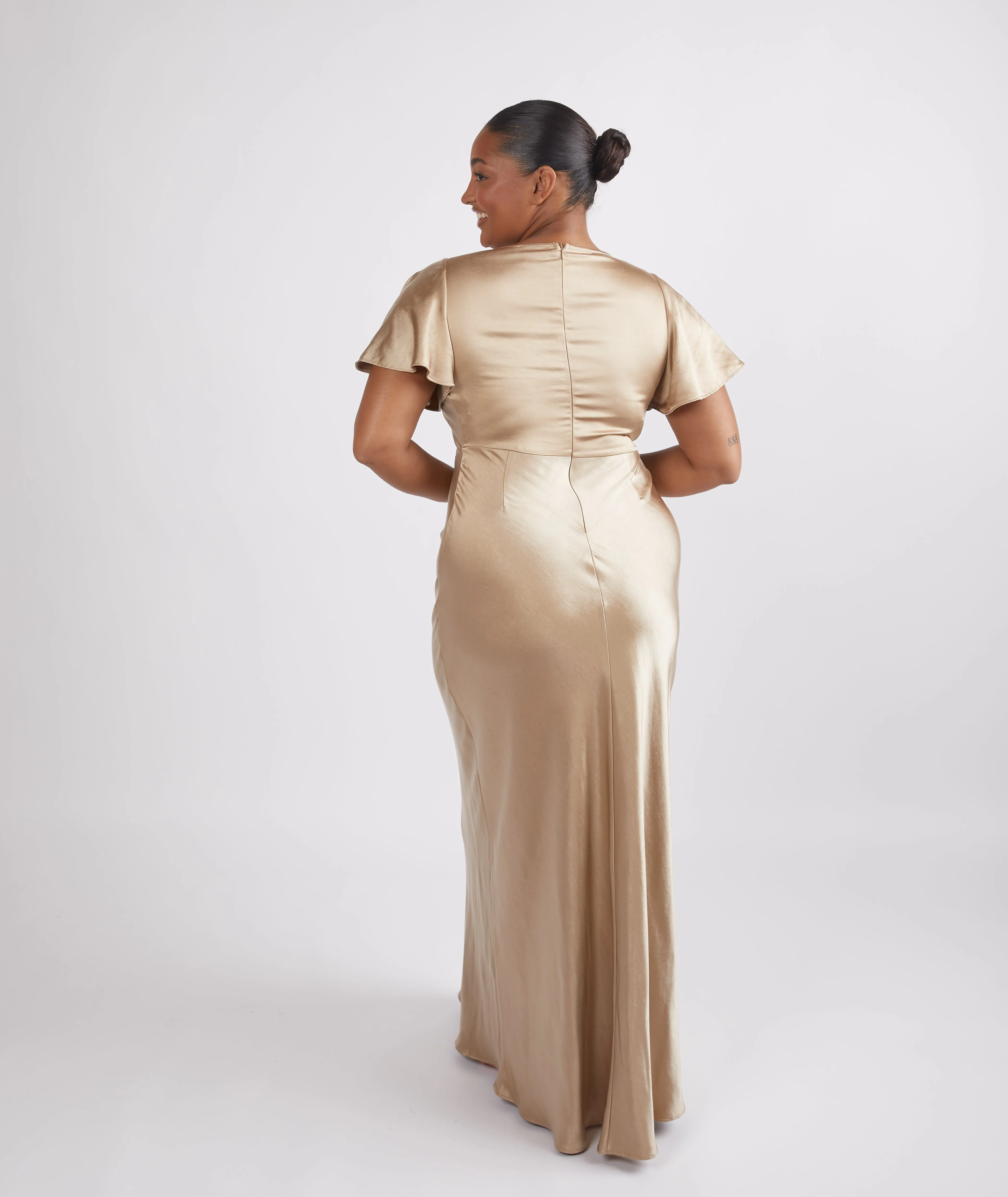 Cowl Front Satin Short Sleeve Bridesmaid Dress - Champagne