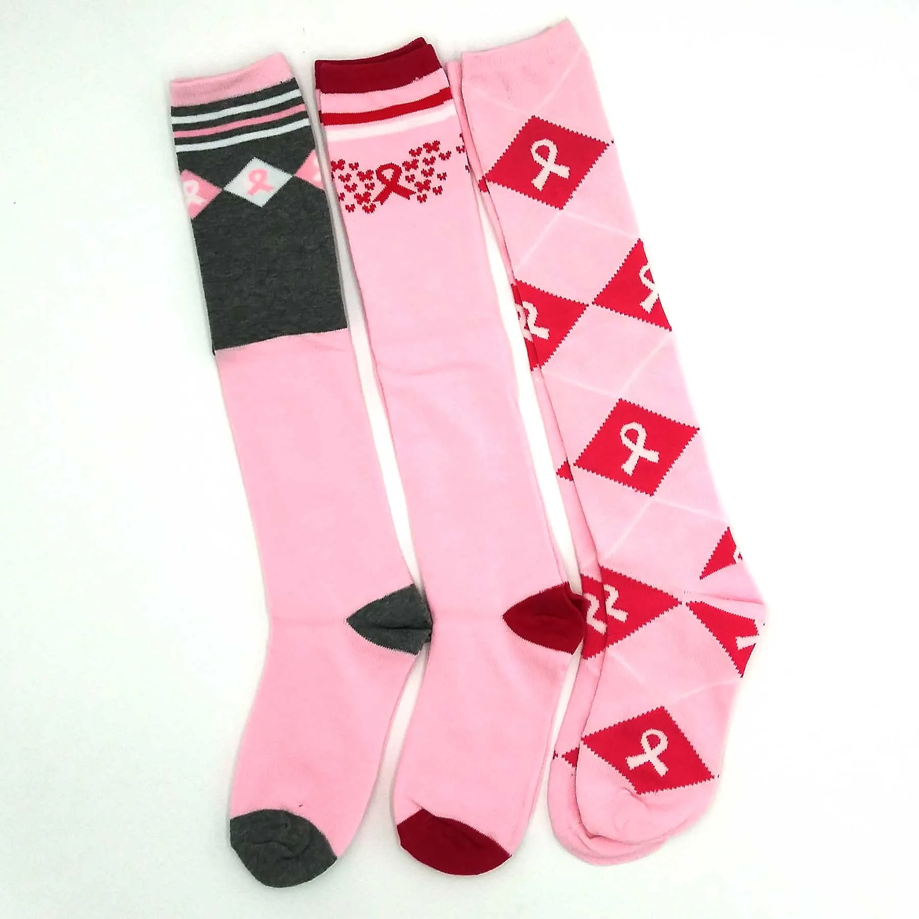 Cute Adorable Breast Cancer Awareness Cotton Knee High Socks for Women 3-Pair Argyle Pink Ribbon (H2134)