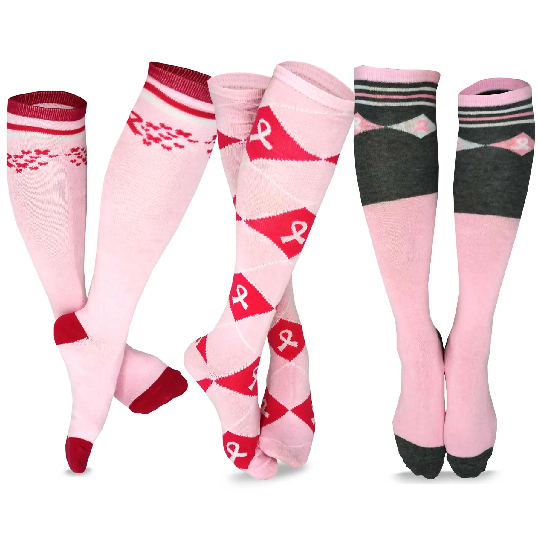 Cute Adorable Breast Cancer Awareness Cotton Knee High Socks for Women 3-Pair Argyle Pink Ribbon (H2134)