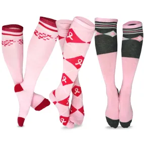 Cute Adorable Breast Cancer Awareness Cotton Knee High Socks for Women 3-Pair Argyle Pink Ribbon (H2134)