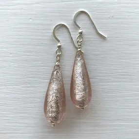 Earrings with champagne (peach, pink) Murano glass long pear drops on silver or gold hooks