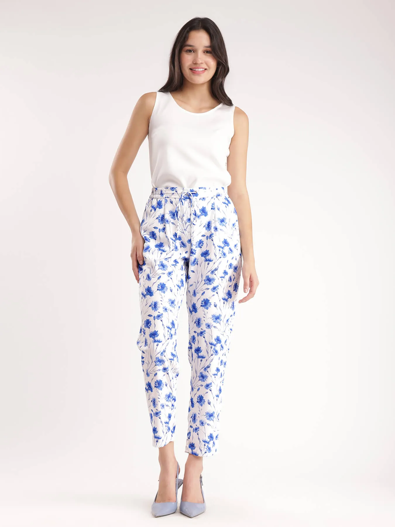 Floral Straight Pants - Blue And White