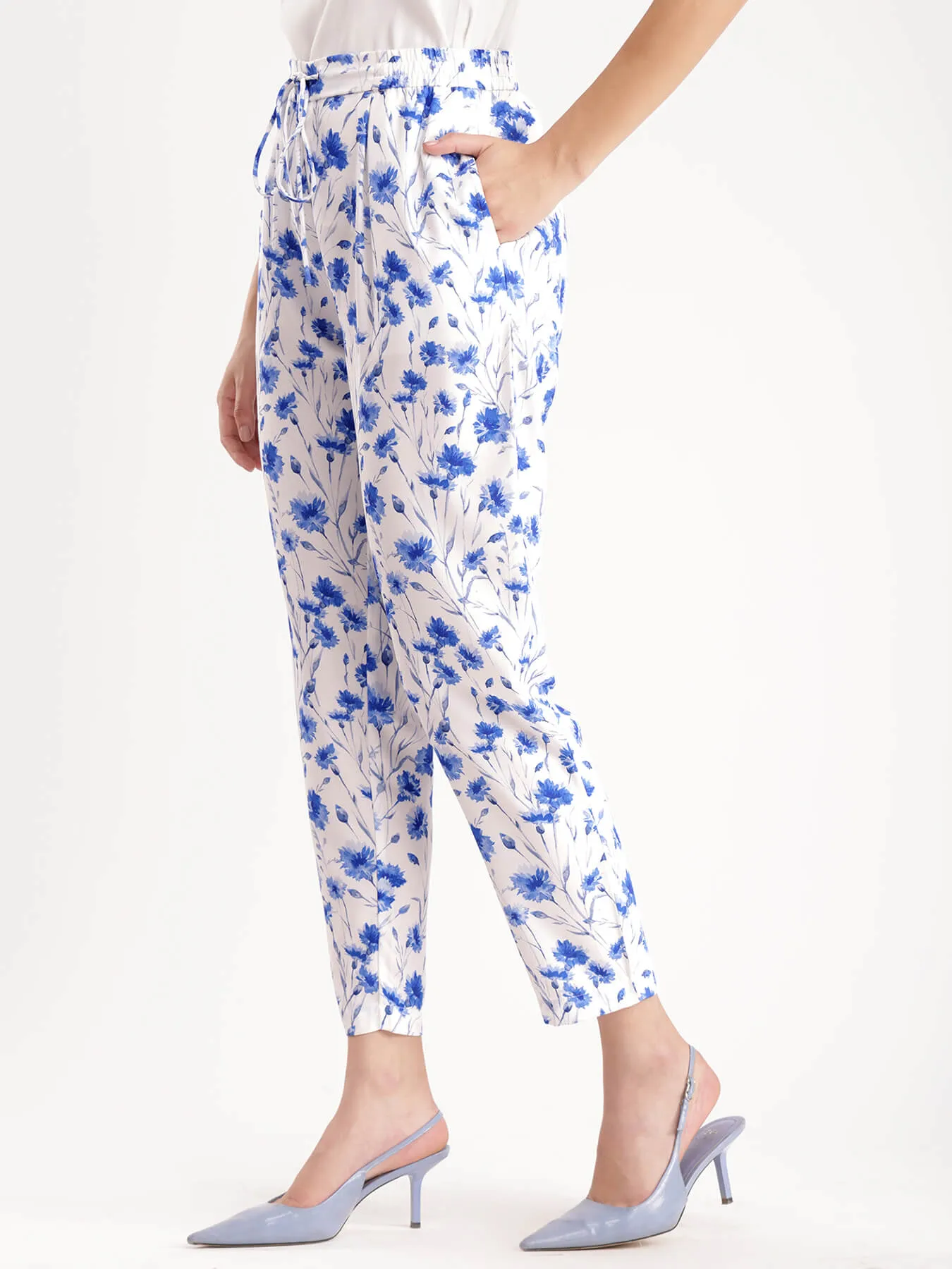 Floral Straight Pants - Blue And White