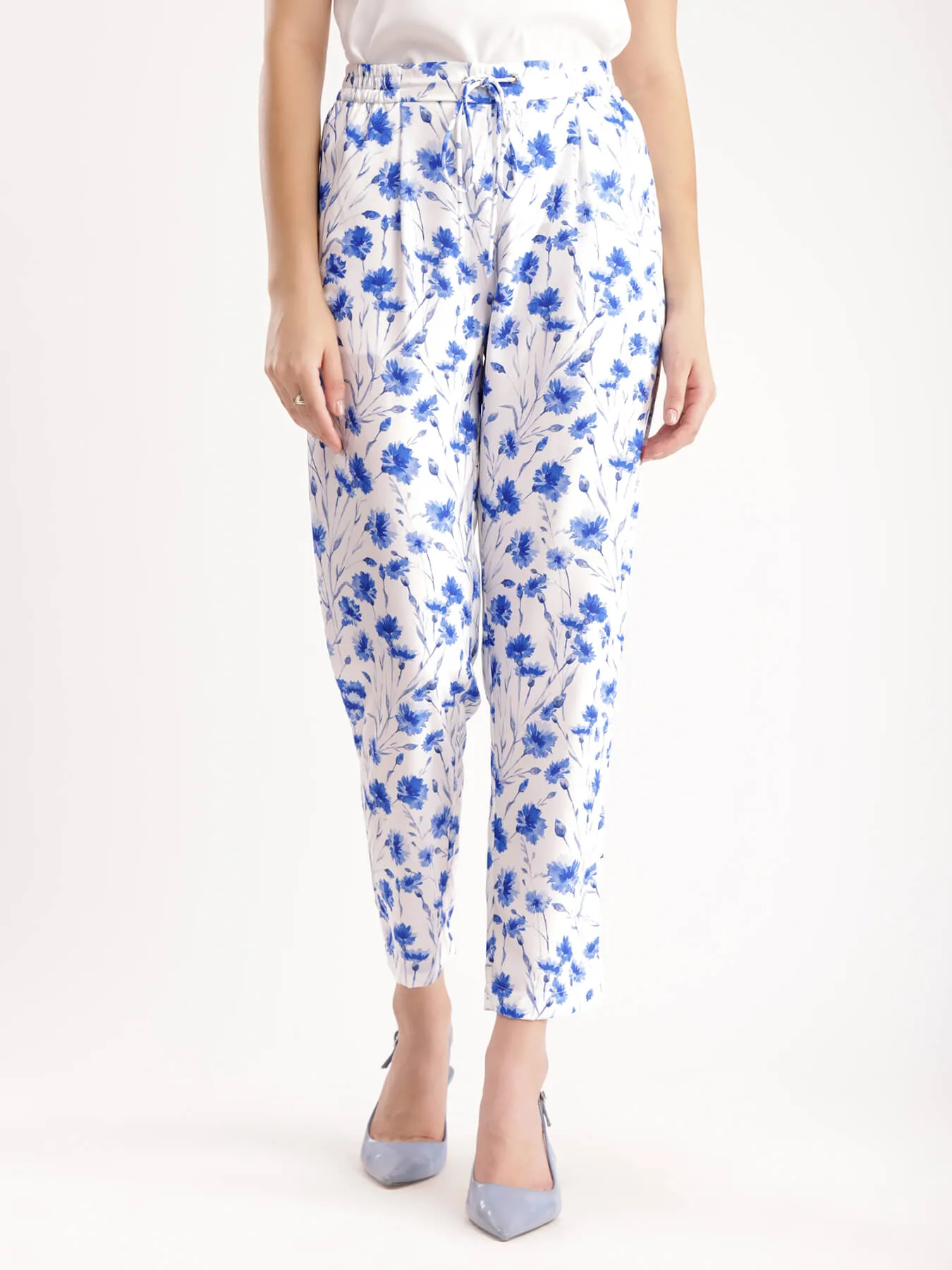 Floral Straight Pants - Blue And White