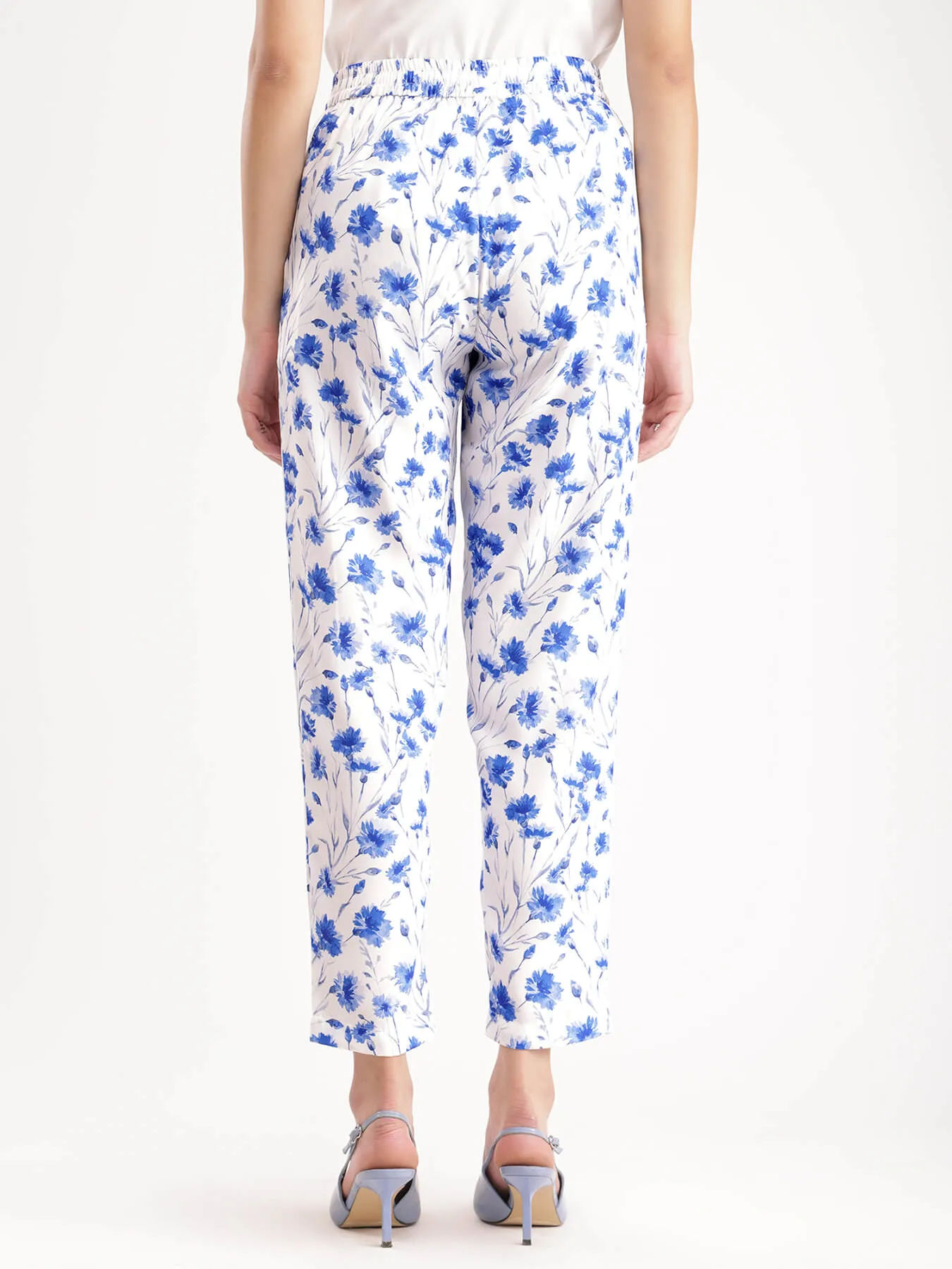 Floral Straight Pants - Blue And White