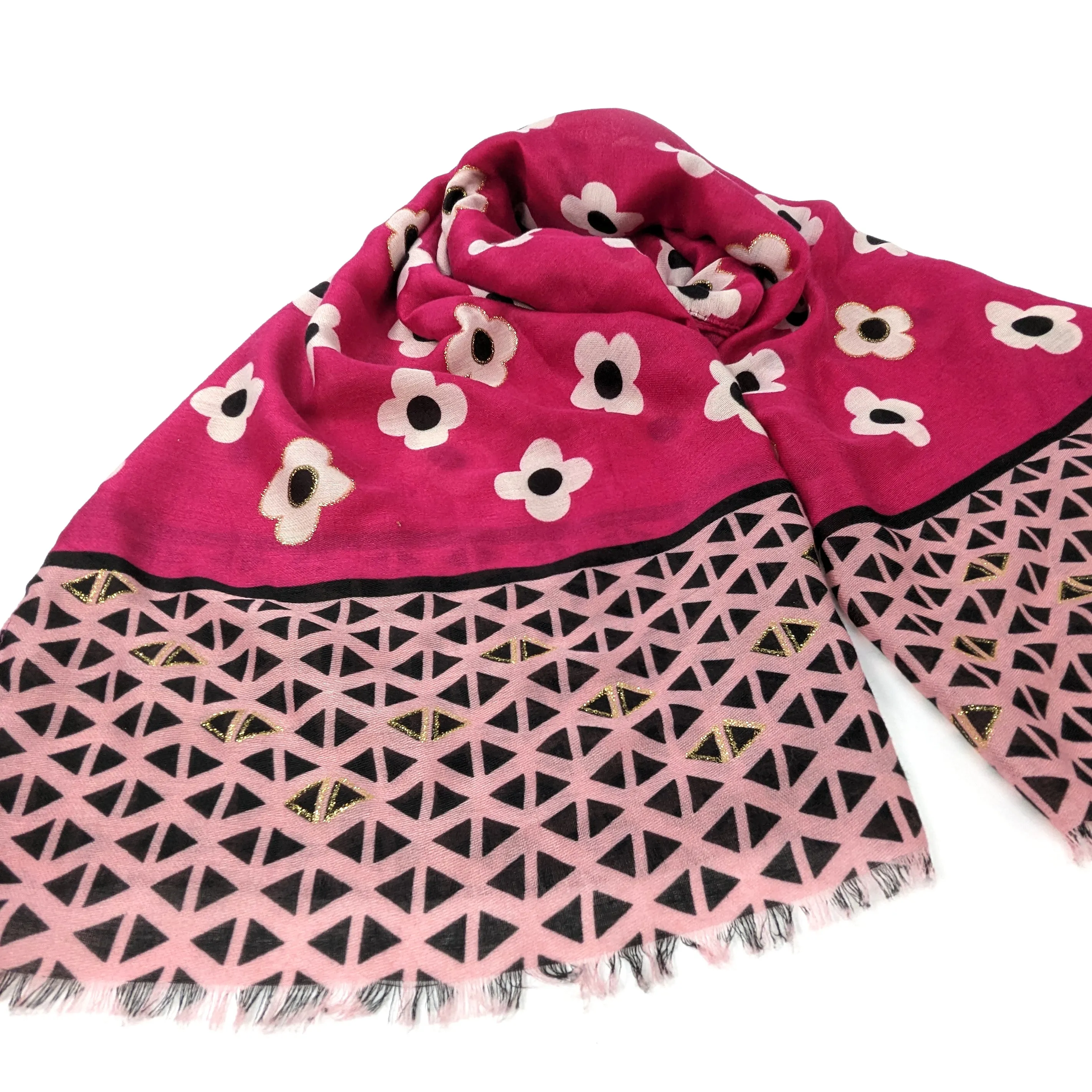 Gold Retro Flower Scarf - Magenta Pink (50x180cm)