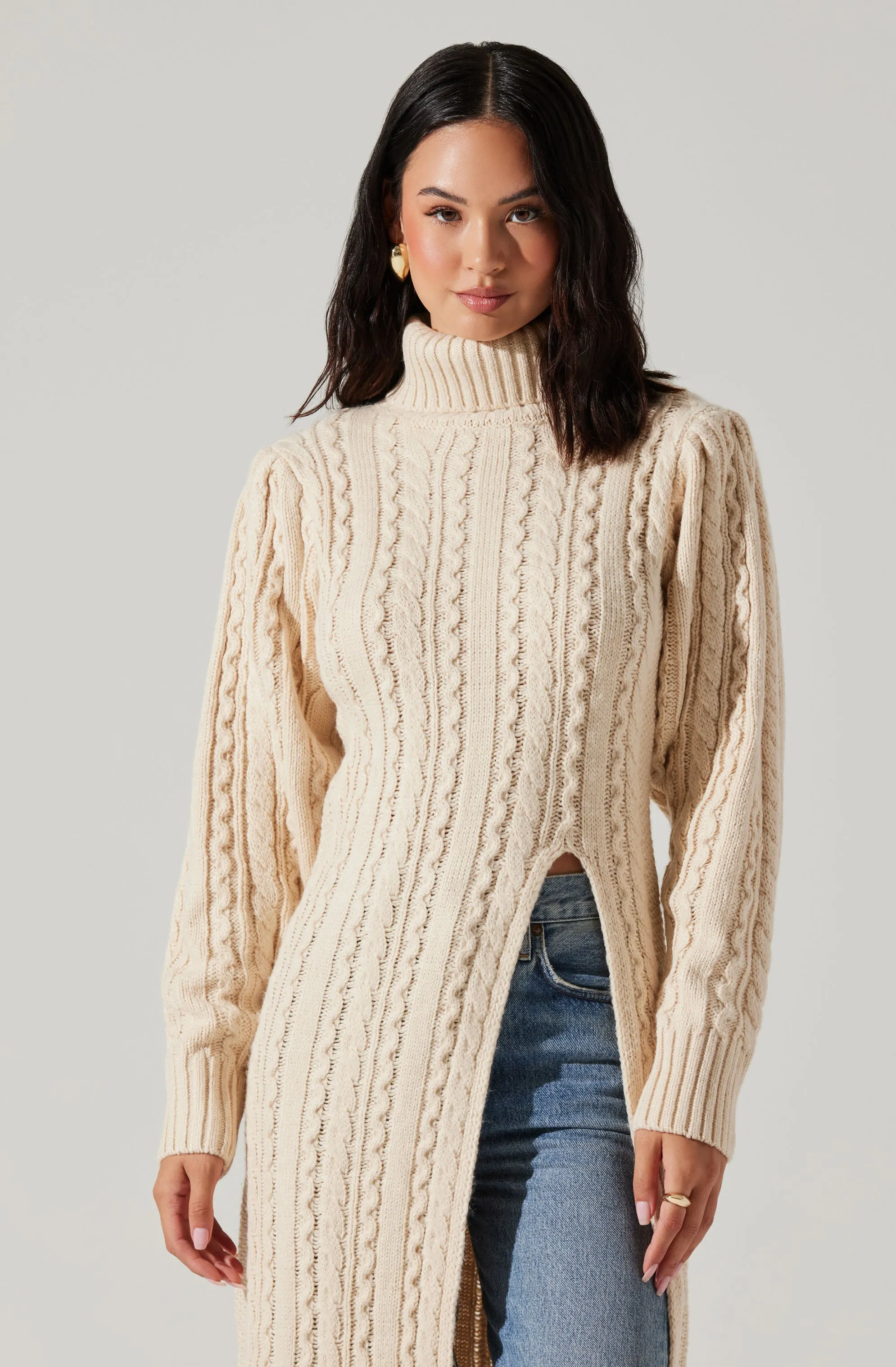 Hi Slit Cable Knit Sweater