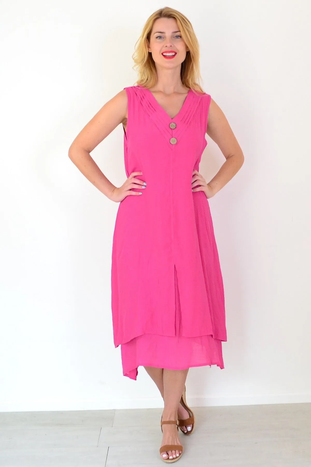 Hot Pink Sleeveless Coconut Button Tunic Dress