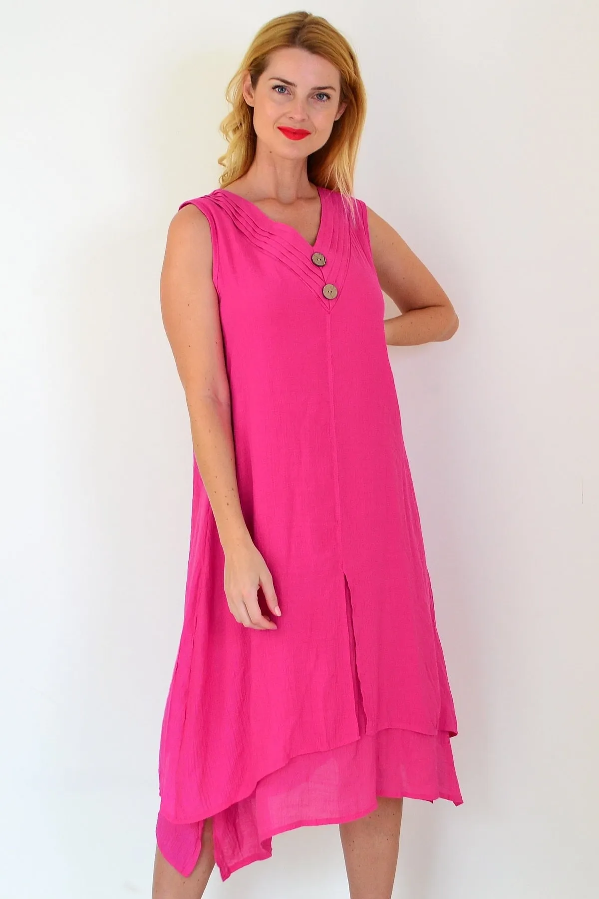 Hot Pink Sleeveless Coconut Button Tunic Dress