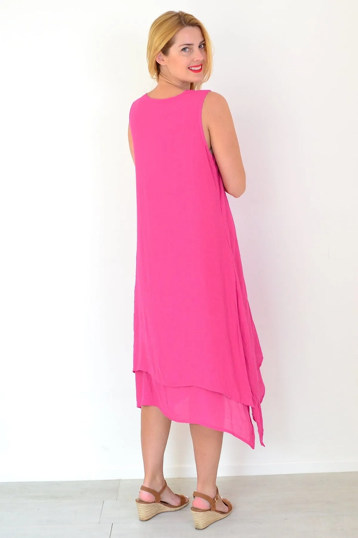 Hot Pink Sleeveless Coconut Button Tunic Dress