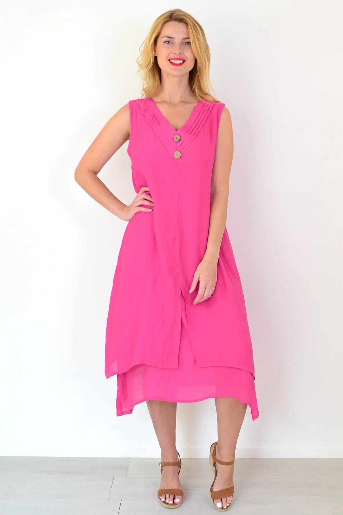 Hot Pink Sleeveless Coconut Button Tunic Dress