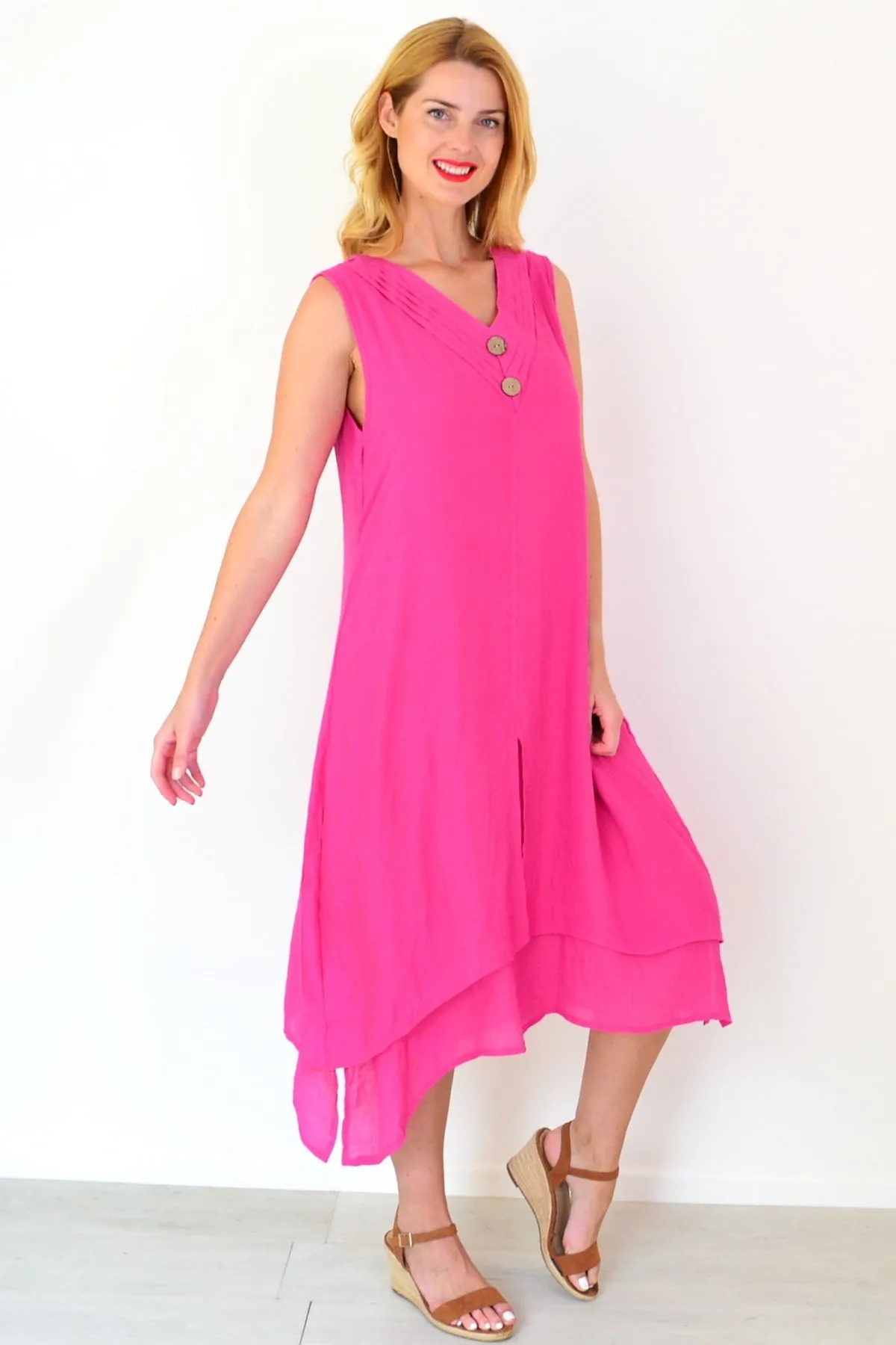 Hot Pink Sleeveless Coconut Button Tunic Dress