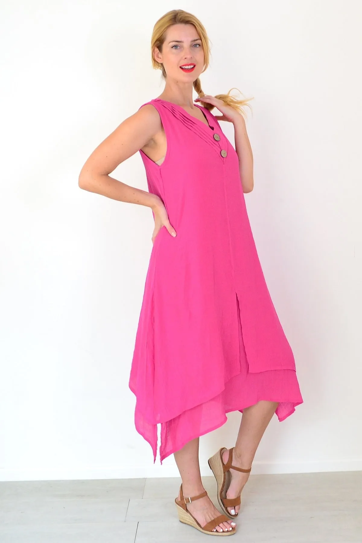 Hot Pink Sleeveless Coconut Button Tunic Dress