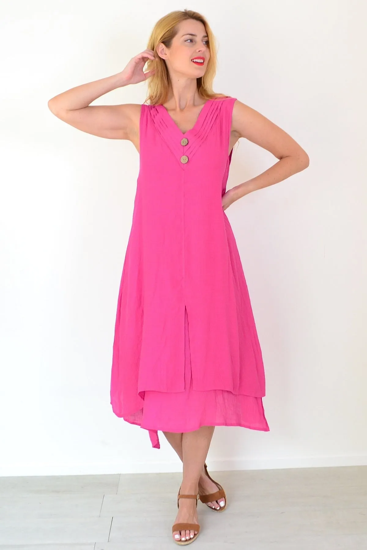 Hot Pink Sleeveless Coconut Button Tunic Dress