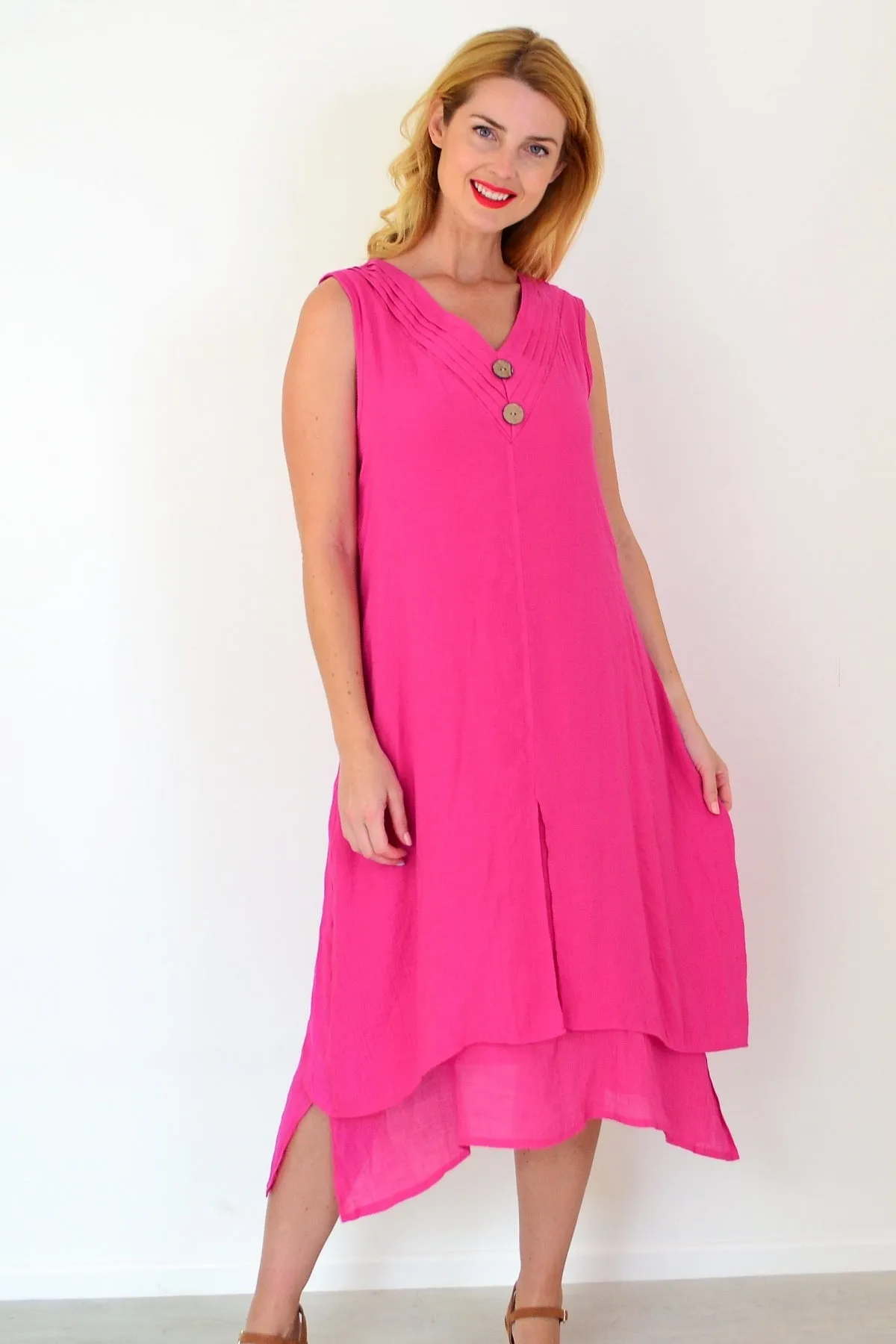 Hot Pink Sleeveless Coconut Button Tunic Dress