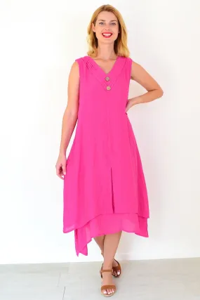 Hot Pink Sleeveless Coconut Button Tunic Dress