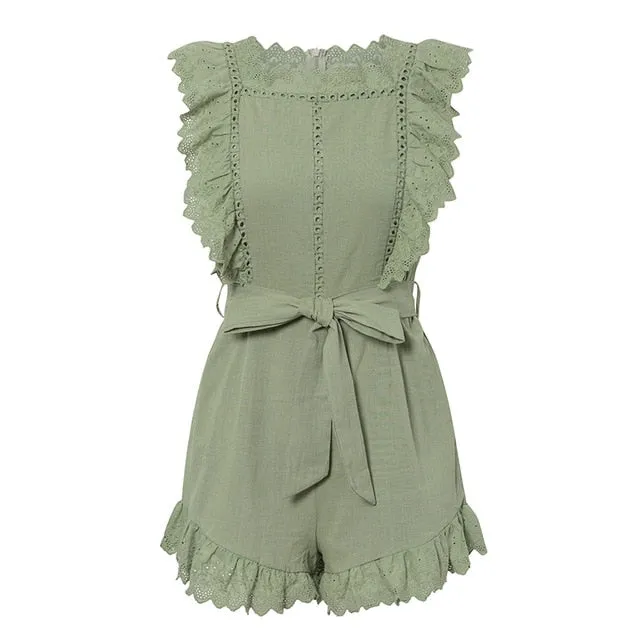 JaMerry Elegant ruffle sleeveless playsuit women Hollow out white female jumpsuit romper Holiday summer cotton jumpsuit overalls