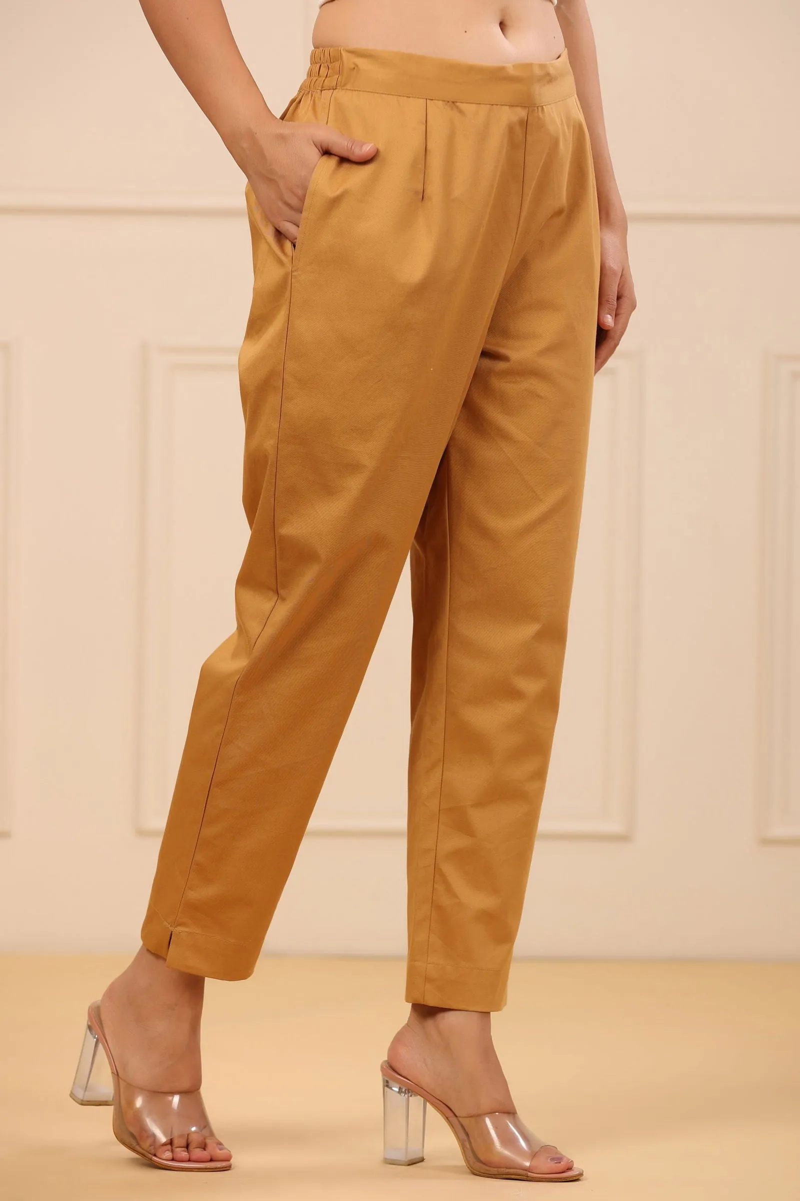 Juniper Gold Solid Slim Fit Cotton Pants With Partially Elasticated Waistband.