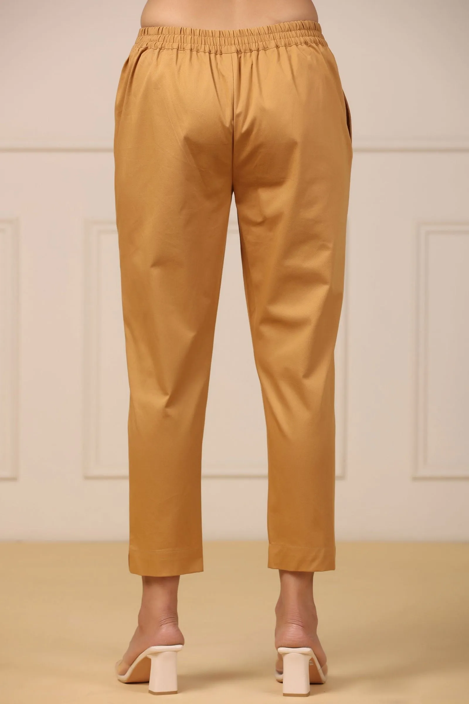 Juniper Gold Solid Slim Fit Cotton Pants With Partially Elasticated Waistband.