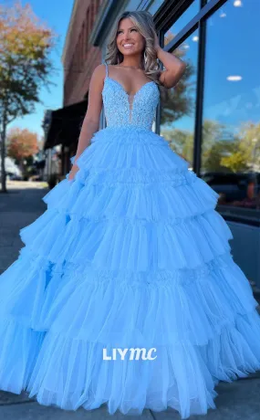 LP1826 - V-Neck Spaghetti Straps Appliques Tiered Tulle A-Line Ball Gown Prom Dress