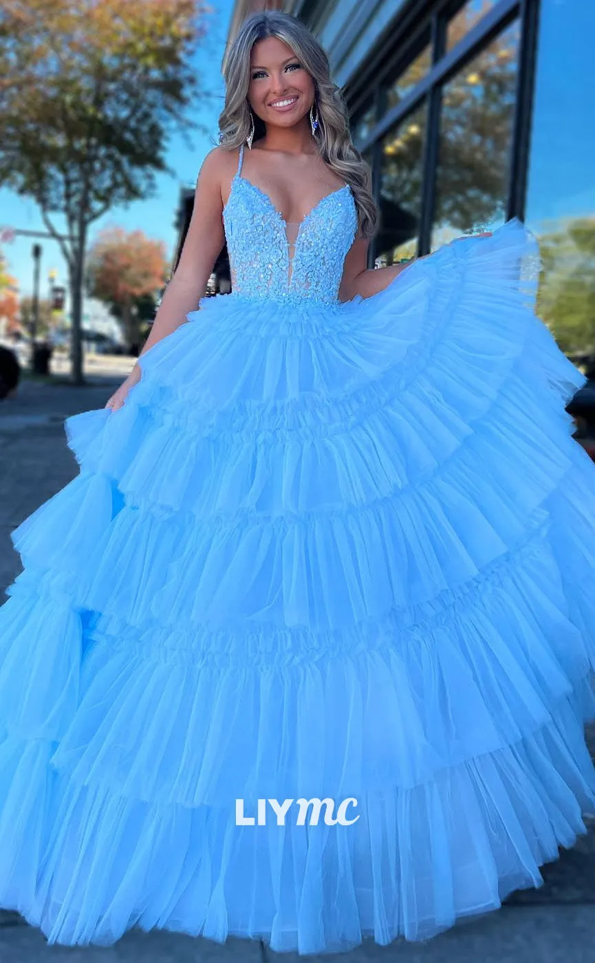 LP1826 - V-Neck Spaghetti Straps Appliques Tiered Tulle A-Line Ball Gown Prom Dress