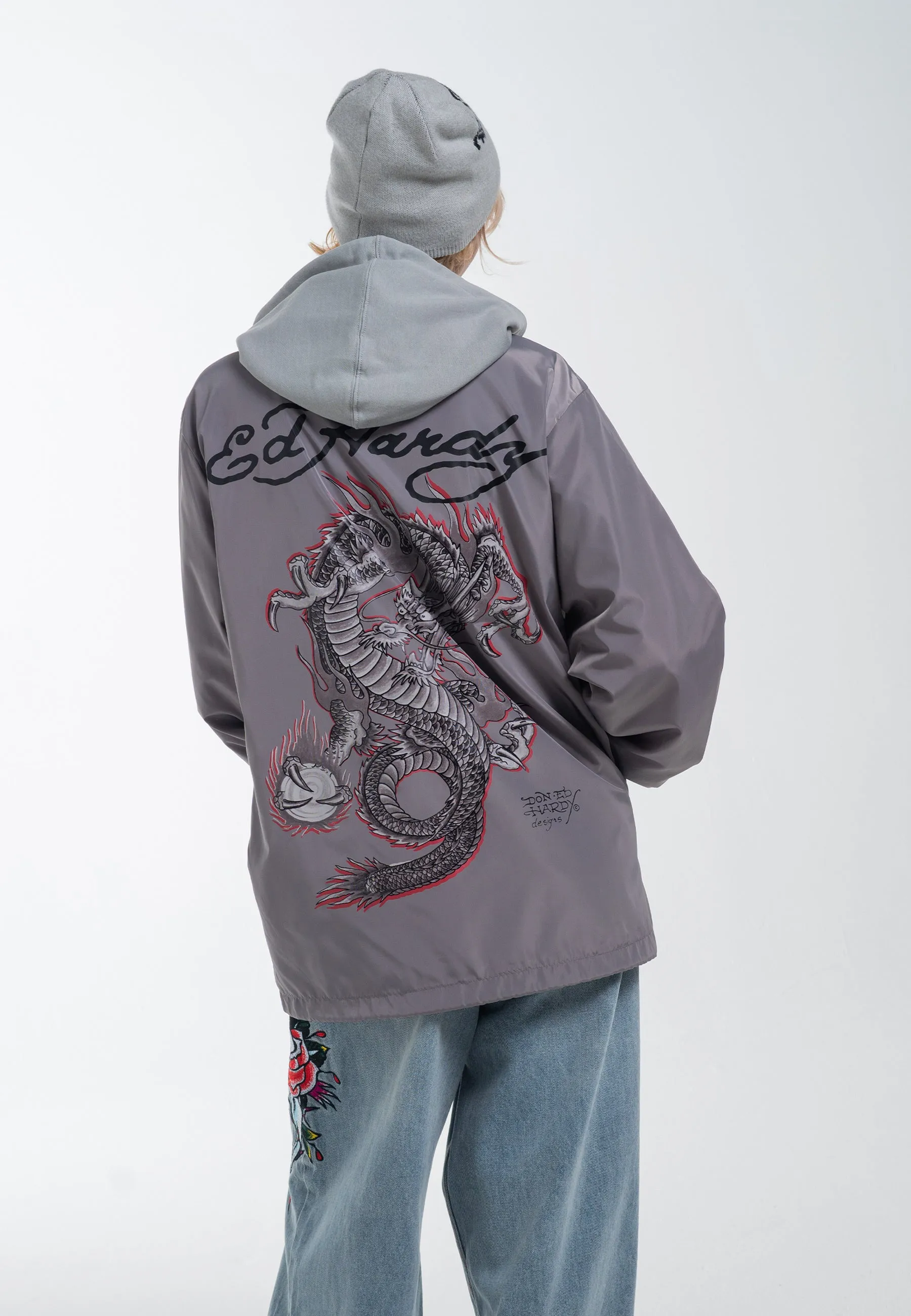 Mens Fireball Dragon Coach Jacket - Grey