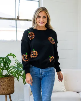 NEW! Sequin Jack-O-Lantern Black Sweater