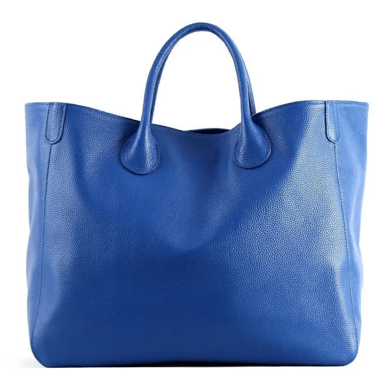 Oversize Large Leather Tote Bag, Cowhide Leather Bag, Lady Fashion Bag Blue, Personalized gifts