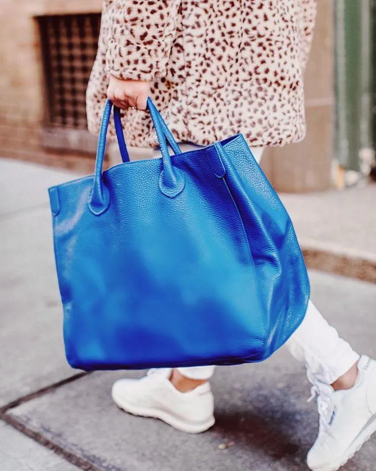 Oversize Large Leather Tote Bag, Cowhide Leather Bag, Lady Fashion Bag Blue, Personalized gifts