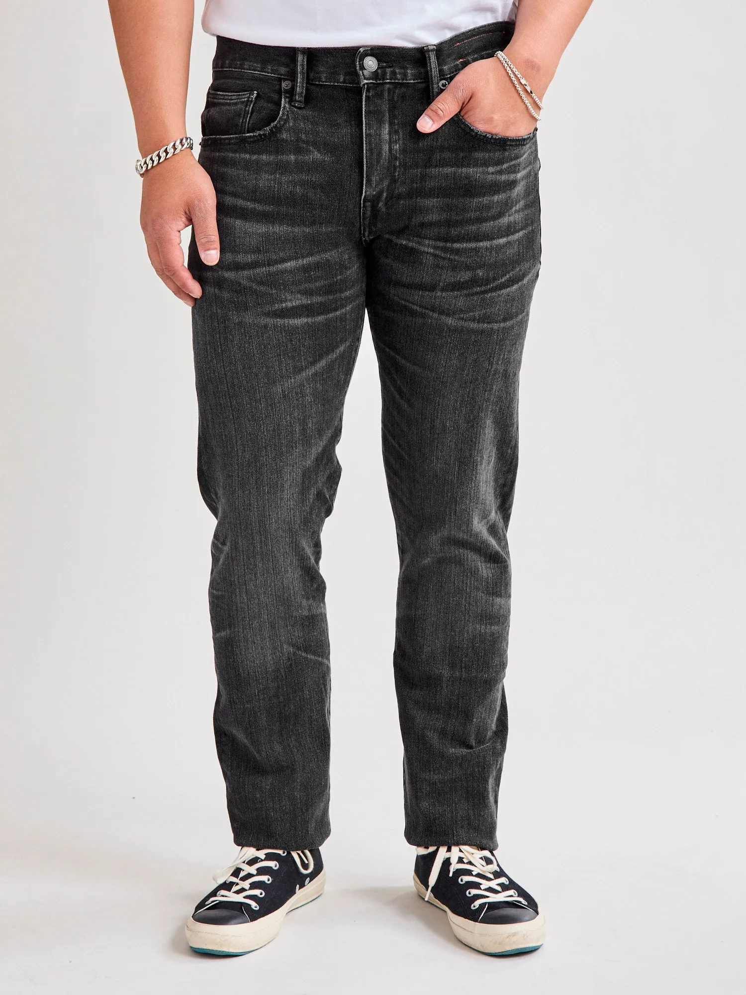 "Rilo" 10.5oz Washed Black Stretch Selvedge Denim - Pen Slim