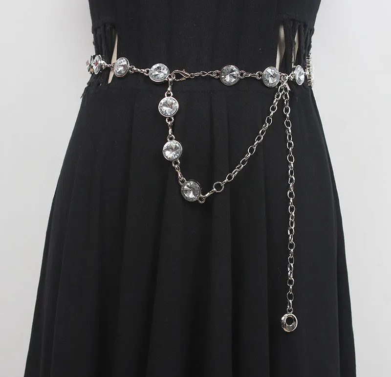 Retro Women's Fashion Shiny Rhinestone Embellished Belt Dress with Metal Waist Chain