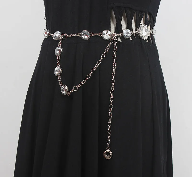 Retro Women's Fashion Shiny Rhinestone Embellished Belt Dress with Metal Waist Chain