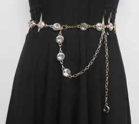 Retro Women's Fashion Shiny Rhinestone Embellished Belt Dress with Metal Waist Chain