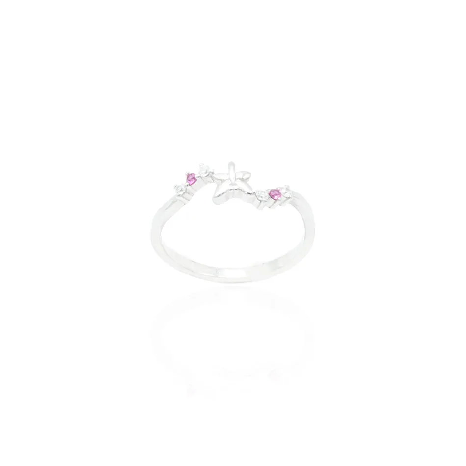 Silver Butterfly Pink Gem Ring