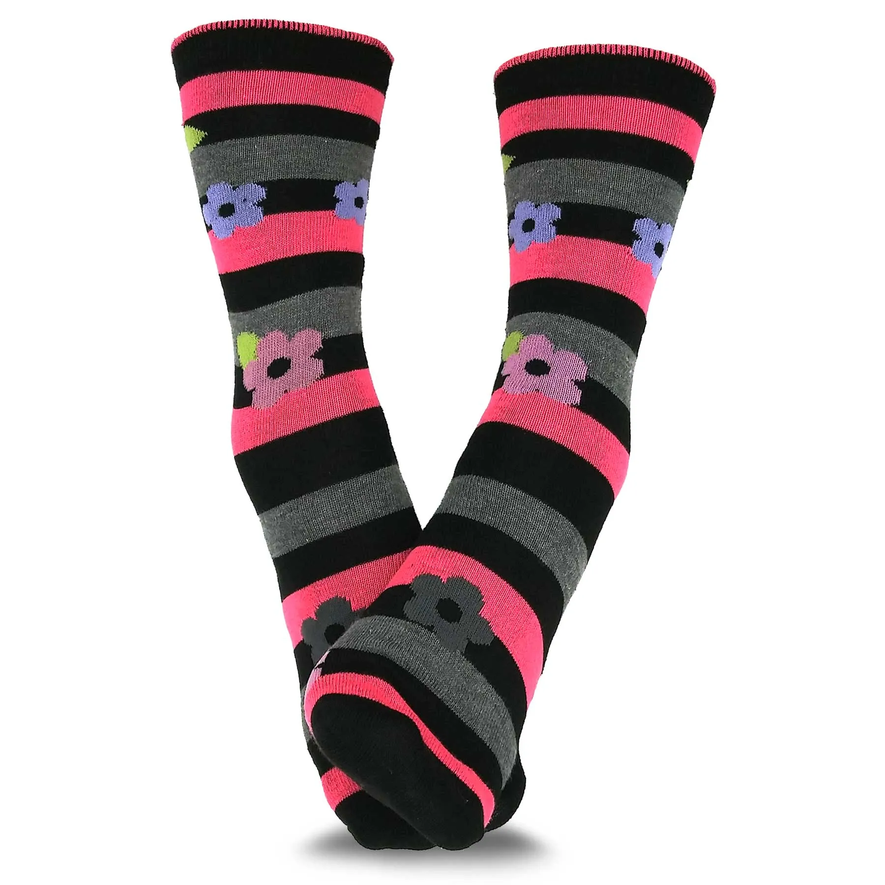 TeeHee Socks Women's Casual Polyester Crew Stripe and Flower 6-Pack (11196)