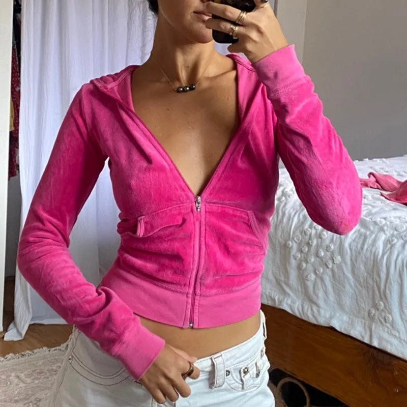 Velvet Crop Top Hooded Jacket